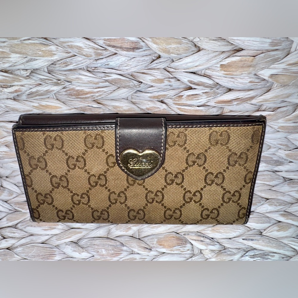 Authentic Gucci GG Brown Canvas Long Wallet with Gold Heart Snap Closure